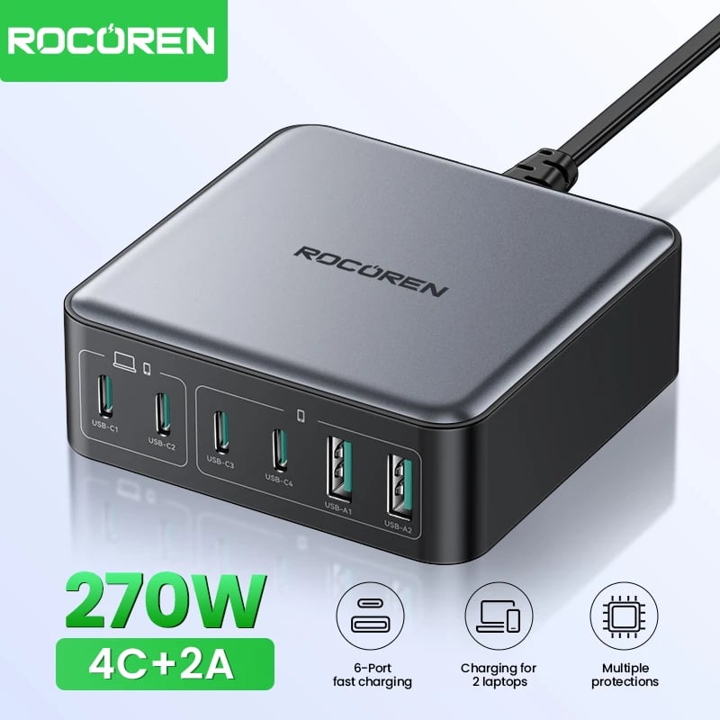 Rocoren 200W GaN Charger PD Fast Charging USB Type C Charger 270W 6 in 1 USBC Power Station For iPhone 16 15 Pro Max Xiaomi 14 - Image 1