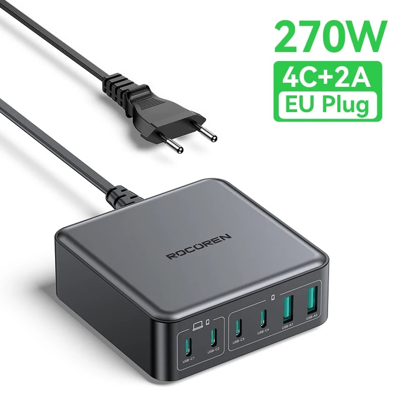 Rocoren 200W GaN Charger PD Fast Charging USB Type C Charger 270W 6 in 1 USBC Power Station For iPhone 16 15 Pro Max Xiaomi 14 - Image 7