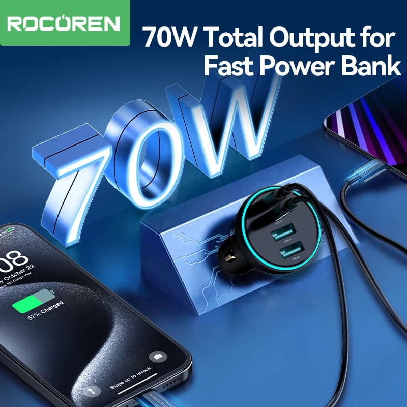 Rocoren 70W 4 in 1 Car Charger USB Type C QC4.0 PD3.0 Super Fast Charging Car Quick Charger Adapter for iPhone 15 Xiaomi Samsung - Image 3