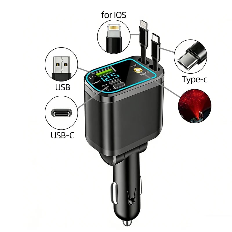 Fast Charging Car Charger 66W USB Type C PD Multiport with Retractable Cable LED Voltage Universal Cigarette Lighter Starlight - Image 7