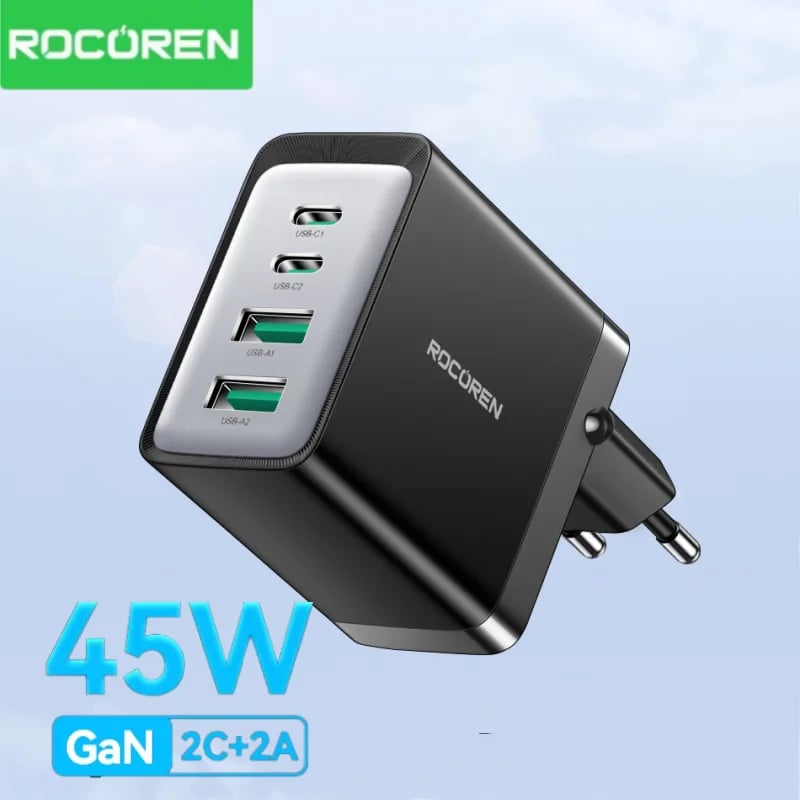 Rocoren GaN 45W 4 in 1 Multiple Ports Fast Charging USB Type C Portable Quick Charger For iPhone 17 16 15 Pro Max Samsung Xiaomi - Image 1