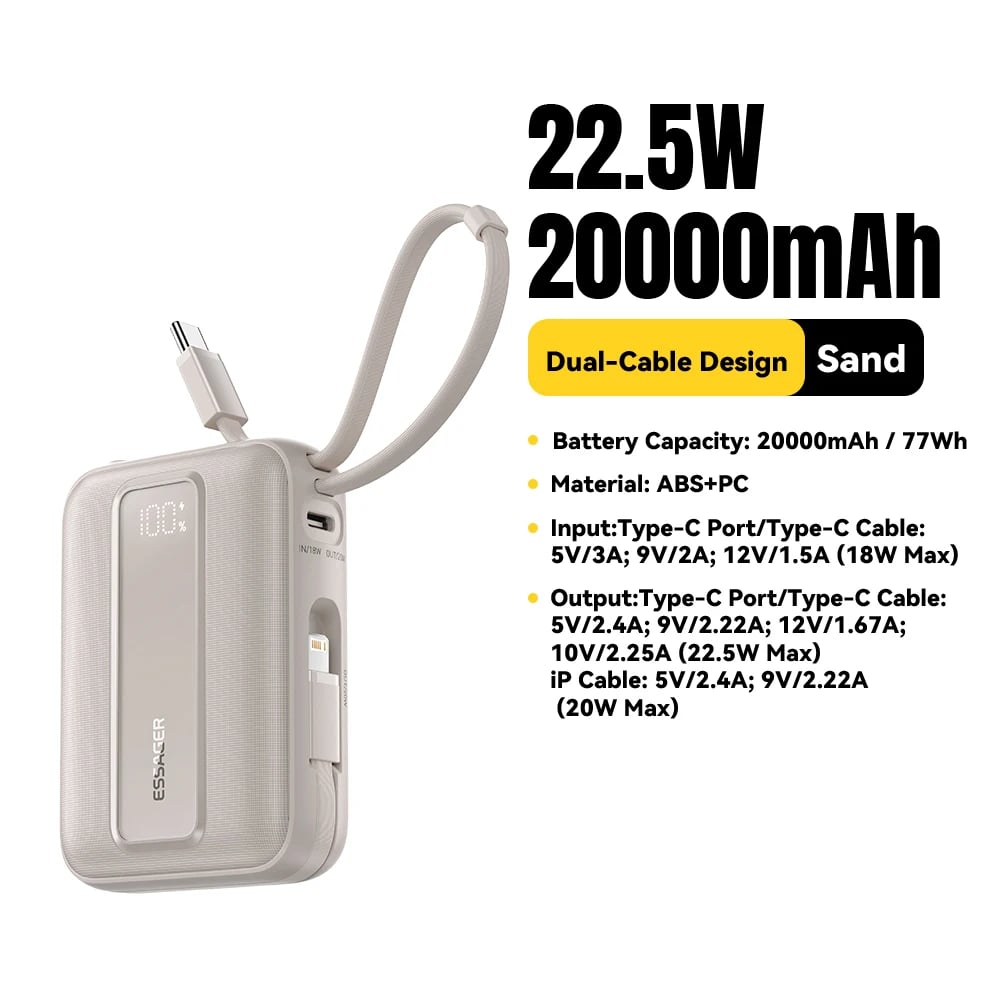 Essager 20000mAh Power Bank Portable Charger Powerbank With built-in 2 Cables 22.5W Fast Charge External Battery For iphone 16 - Image 8