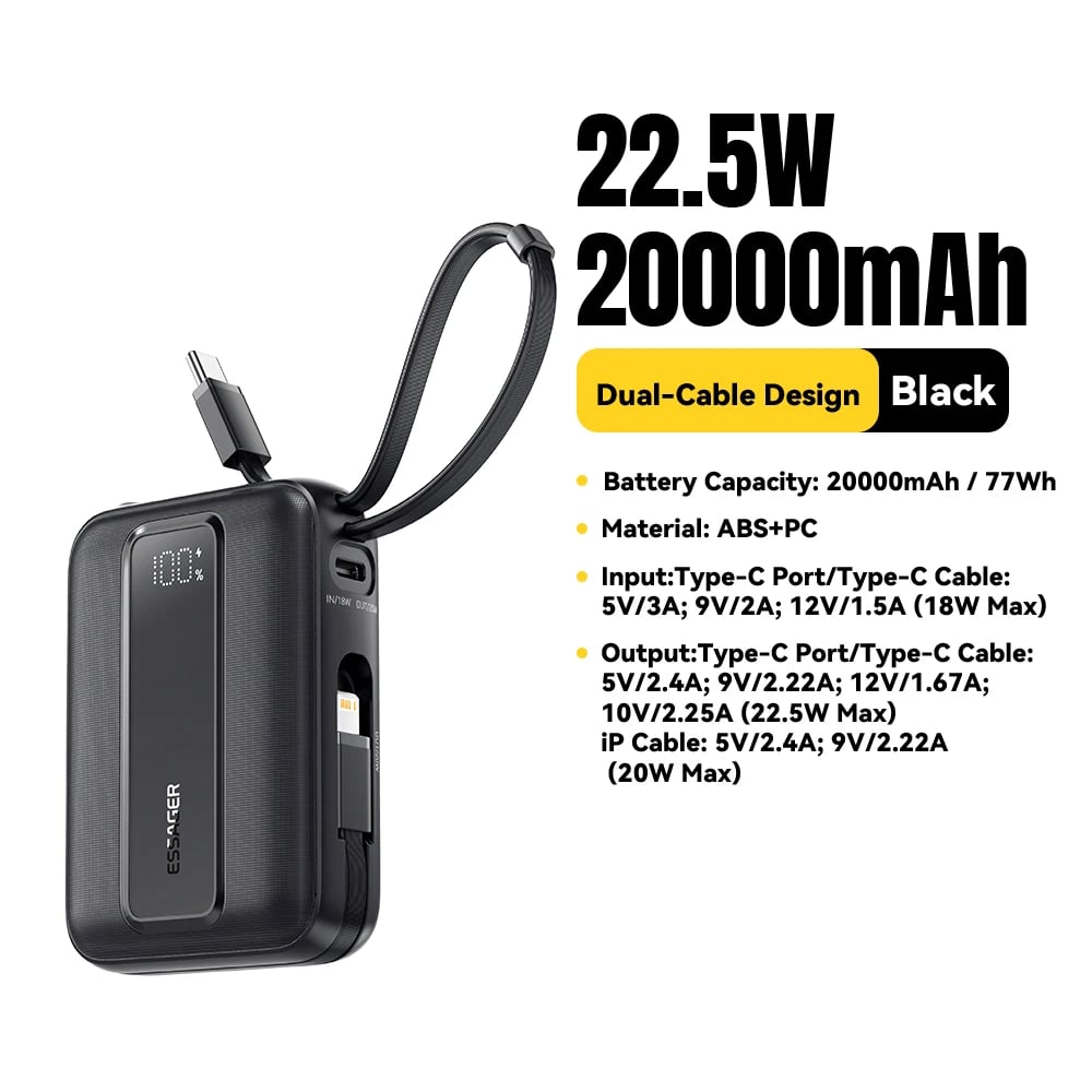 Essager 20000mAh Power Bank PD22.5W Dual Cable Fast Charging Powerbank Portable External Battery Charger For iphone Huawei ipad - Image 9