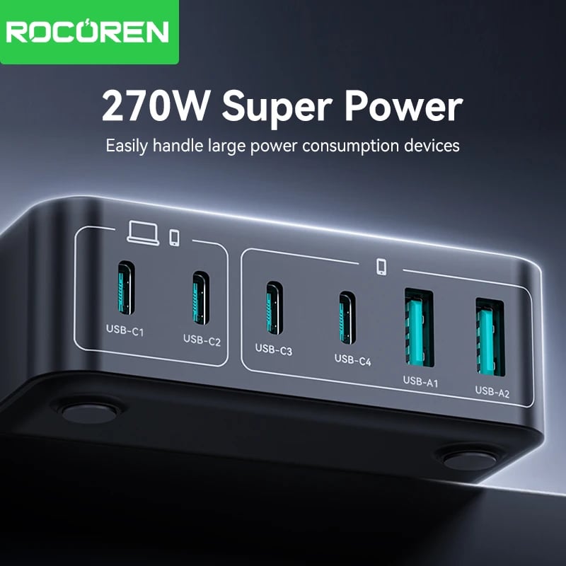 Rocoren 200W GaN Charger PD Fast Charging USB Type C Charger 270W 6 in 1 USBC Power Station For iPhone 16 15 Pro Max Xiaomi 14 - Image 2