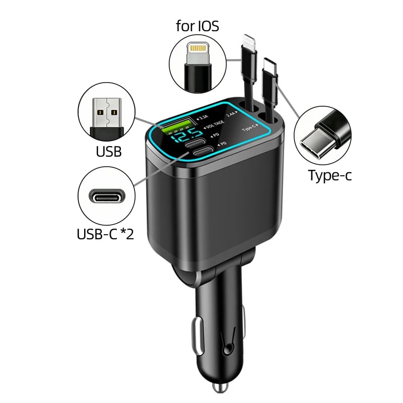 Fast Charging Car Charger 66W USB Type C PD Multiport with Retractable Cable LED Voltage Universal Cigarette Lighter Starlight - Image 8