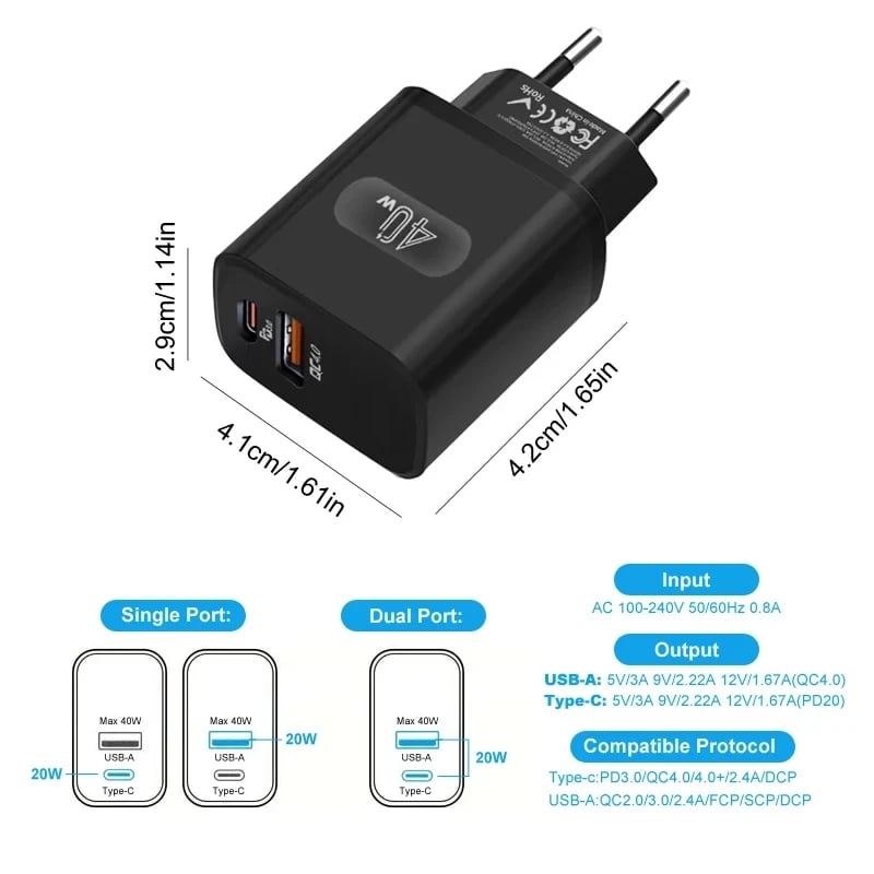 Total 40W USB Fast Charger PD Quick Charge Phone Charger EU/US Plug Adapter For iPhone Xiaomi Samsung Huawei USB C Wall Charger - Image 6