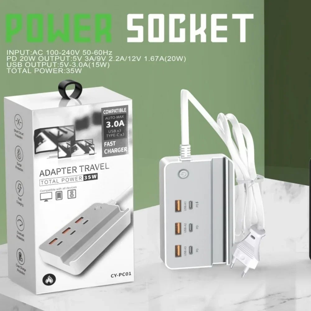 USB Type C Phone Charger Socket 35W 6 Ports Fast Charging Desktop Power Strip With Phone Holder For iPhone Samsung Xiaomi Huawei - Image 9