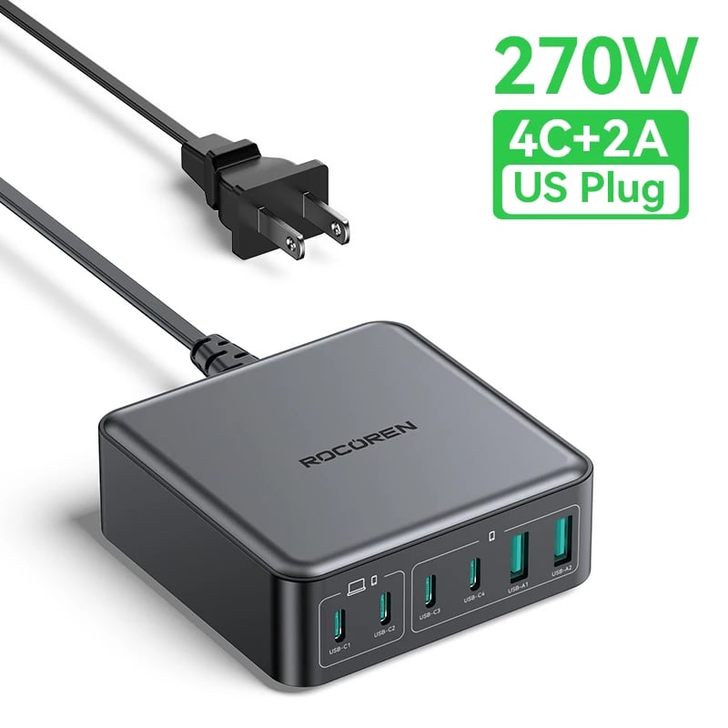 Rocoren 200W GaN Charger PD Fast Charging USB Type C Charger 270W 6 in 1 USBC Power Station For iPhone 16 15 Pro Max Xiaomi 14 - Image 8