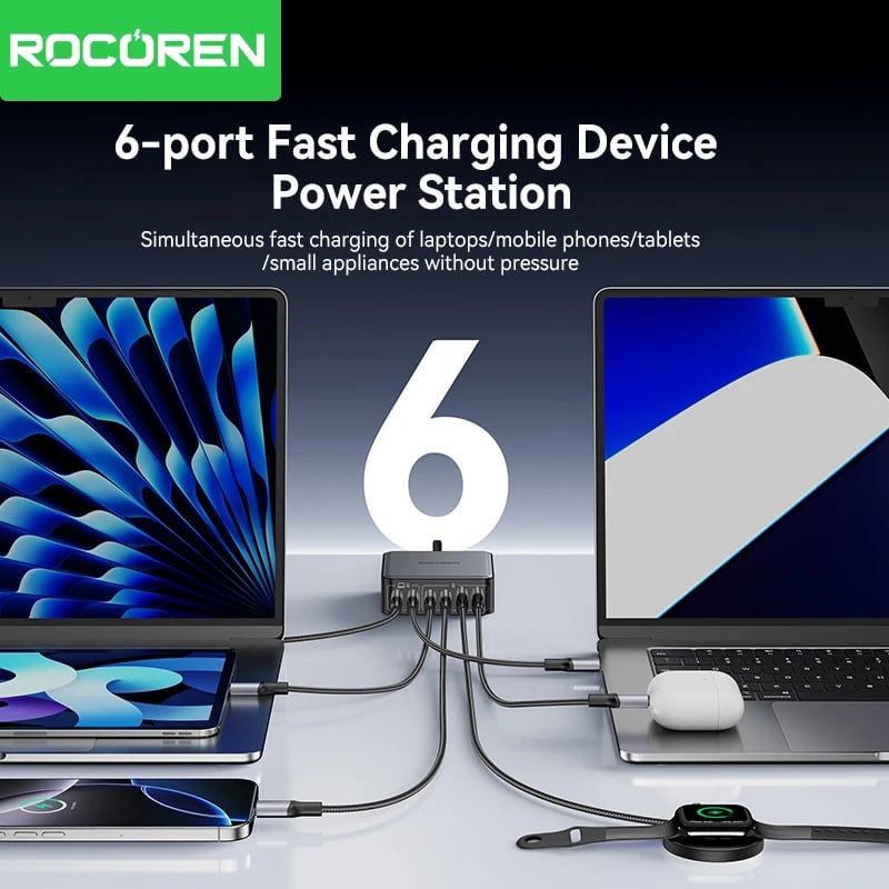 Rocoren 200W GaN Charger PD Fast Charging USB Type C Charger 270W 6 in 1 USBC Power Station For iPhone 16 15 Pro Max Xiaomi 14 - Image 4