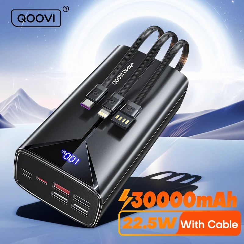 QOOVI 30000mah Power Bank 22.5W Fast Charging Built-in Cable External Large Battery Portable Charger For iPhone Samsung Xiaomi - Image 5