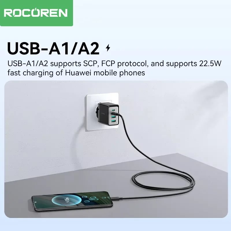 Rocoren GaN 45W 4 in 1 Multiple Ports Fast Charging USB Type C Portable Quick Charger For iPhone 17 16 15 Pro Max Samsung Xiaomi - Image 6