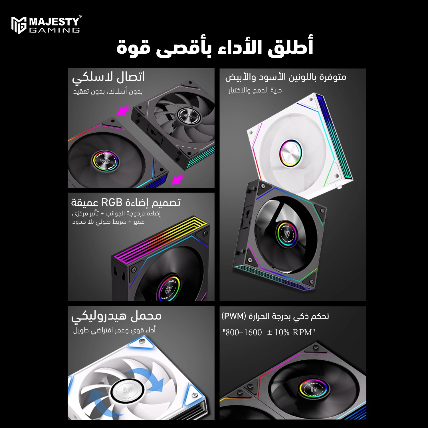 مروحة تبريد ماجيستي Prism Building Block 120mm ARGB – 1600RPM، تحكم PWM، محمل هيدروليكي، أسود، مباشر MAJESTY - صورة 3