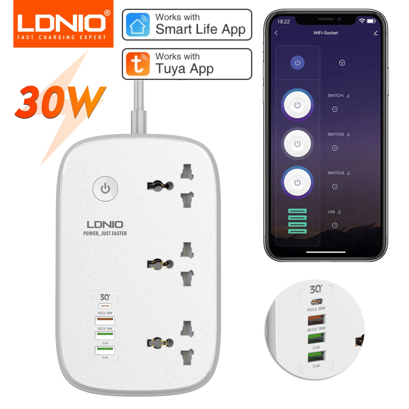 توصيلة الطاقة الذكية من LDNIO - تحكم كامل عبر Wi-Fi وتطبيق Tuya مع منافذ شحن سريع PD - صورة 1