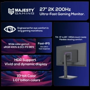 شاشة 200hz ألعاب ماجيستي 27 بوصة – QHD 2K، 200Hz، 1ms، FAST IPS، HDR400، G-SYNC & FreeSync - صورة 6