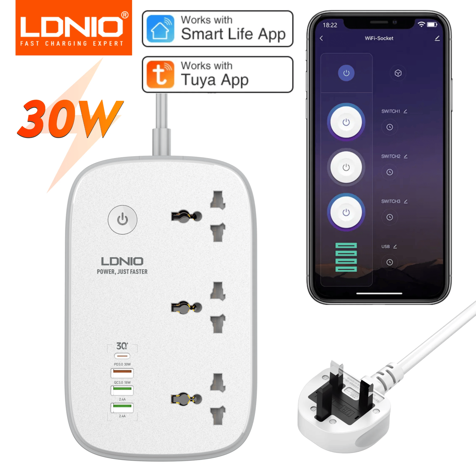 توصيلة الطاقة الذكية من LDNIO - تحكم كامل عبر Wi-Fi وتطبيق Tuya مع منافذ شحن سريع PD - صورة 2