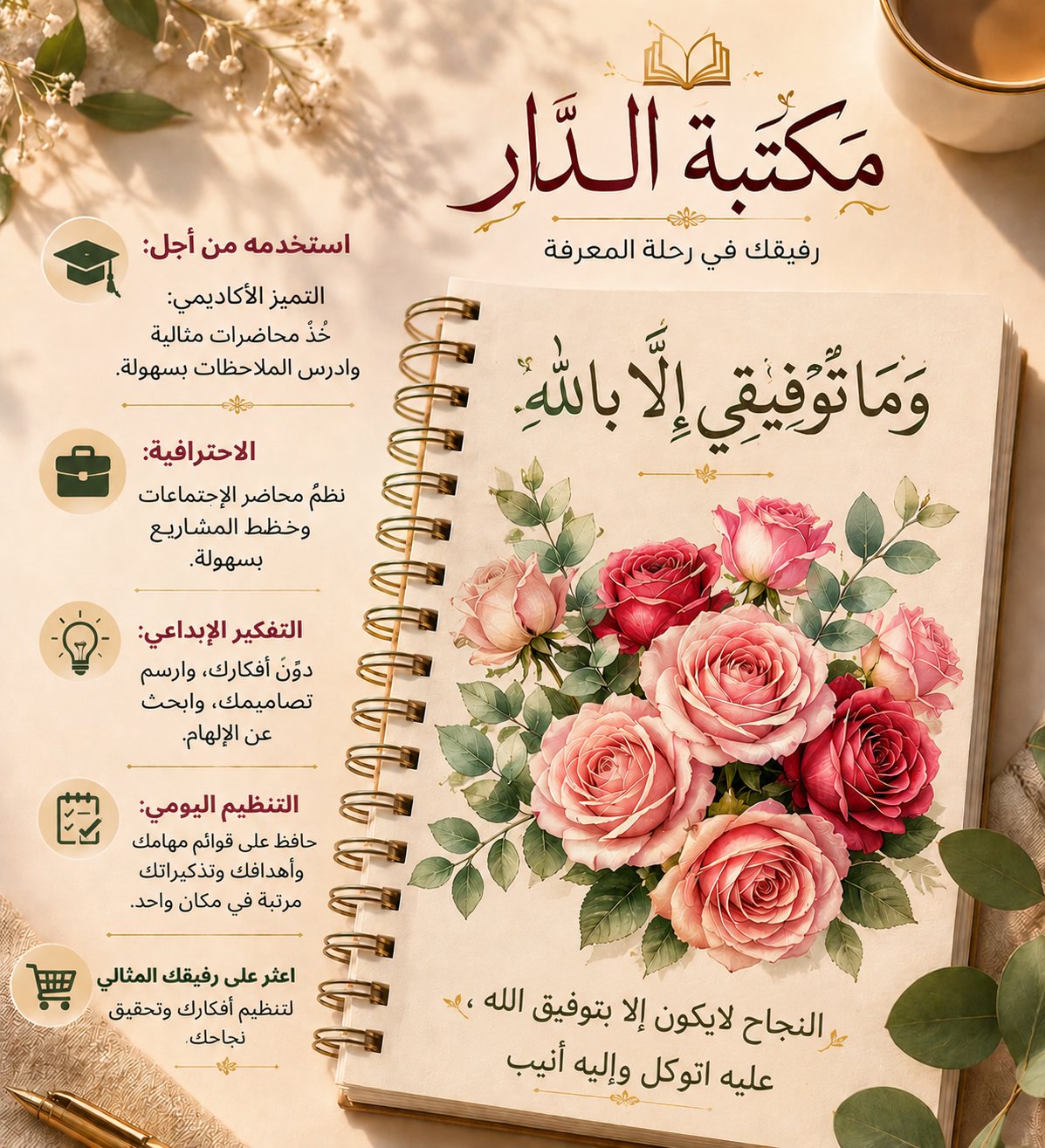 قطعة دفتر ملاحظات حلزوني A5 بخط عربي - وَمَا تَوْفِيقِي إِلَّا بِاللَّهِ - صورة 3