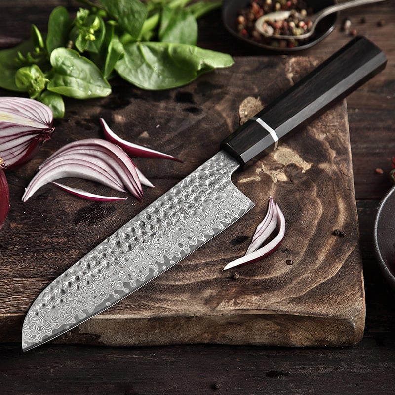سكين سانتوكو طولها ٧ انش من الفولاذ الدمشقي المصنوعة يدويا - 7 inch handmade Japanese Damascus Santoku knife - صورة 1