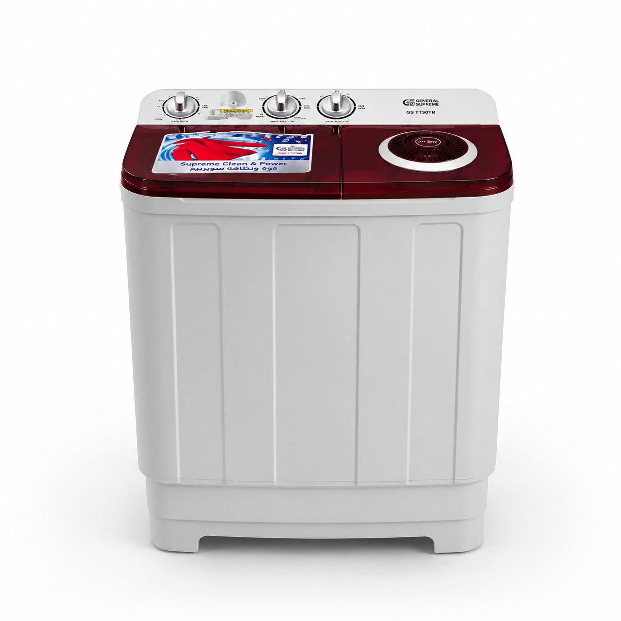 GENERAL SUPREME Twin Tub Semi Automatic Washing Machine 5KG White / Red – GSTT50TR - Image 1