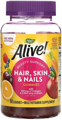 Nature's Way‏, Alive! دعم صحة الشعر، والبشرة، والأظافر مع الكولاجين والبيوتين، الفراولة، 60 علكة - صورة 1