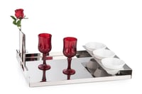 Tray with 3 Rounded  Porcelains Cups + Flower Vase - Image 1