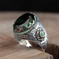 خاتم الخاتم التركي اليدوي العتيق للرجال والنساء ، اللون الفضي القديم ، خاتم النسر المنحوت ، الزركون الأخضر ، البطانة الشقية ، خاتم راكبي الدراجات النارية - Image 6