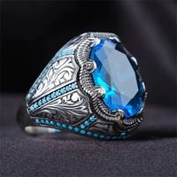 خاتم خاتم تركي يدوي الصنع للرجال ، عتيق ، لون فضي قديم ، خاتم زركون أزرق منحوت ، راكب دراجات ، مجوهرات إسلامية - Image 3