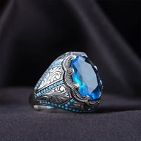 خاتم خاتم تركي يدوي الصنع للرجال ، عتيق ، لون فضي قديم ، خاتم زركون أزرق منحوت ، راكب دراجات ، مجوهرات إسلامية - Image 2