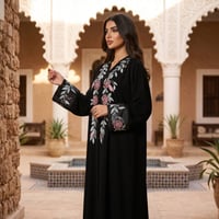 عباية سوداء قماش سراميك بتطريز ورود أنيق - صورة 2