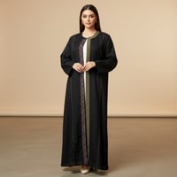 عباية سوداء لنن هندي نص كلوش بتطريز أنيق - صورة 1