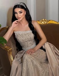 فستان سهرة شامبين ملكي مطرز مع ذيل ساتان - Image 3