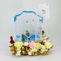 Couple Of Lovebirds With A Cage Decorated With Colorful Roses 002-10 - Image 1