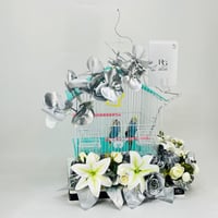 A pair of budgies with a cage decorated with colorful artificial flowers-346 - Image 2