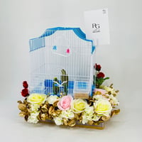 Couple Of Lovebirds With A Cage Decorated With Colorful Roses 002-10 - Image 3