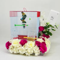 Two pairs of little parrot birds with a cage decorated with colorful artificial flowers-171 - Image 3
