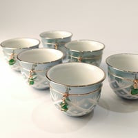 Set of 6 Porcelain Arabic Coffee Cups - Green + Gold Trimmings - صورة 2