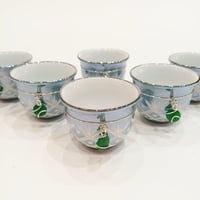 Set of 6 Porcelain Arabic Coffee Cups - Green + Silver Trimmings - Image 3
