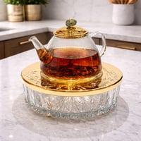   Large Tea Pot Crystal with Jade Green Precious Stone Gold - صورة 1