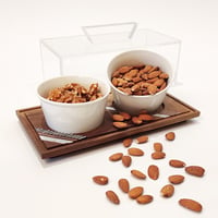 WOOD TRAY W/ CERAMIC BOWLS AND PLEXI COVER (2 BOWLS) - Image 1