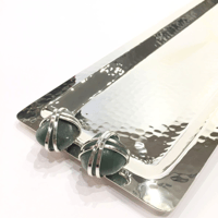 Silver plated long tray 65cm with green precious stones  - صورة 2