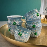 Set of 6 Porcelain Arabic Coffee Cups - Green + Silver Trimmings - Image 1