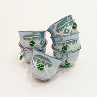 Set of 6 Porcelain Arabic Coffee Cups - Green + Silver Trimmings - Image 2