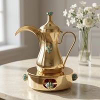 Gold plated dallah with heater and precious blue turquoise stones - صورة 1