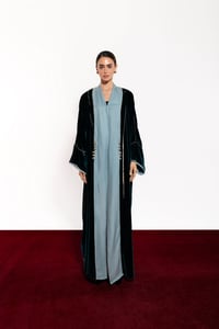 Diriyah Turquoise Velvet & Turquoise Washed Silk Abaya - Image 1