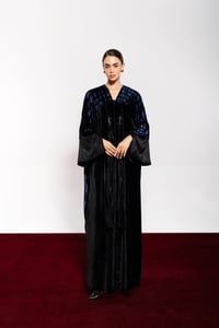 Navy Blue Lame Velvet Abaya With Side Open Sleeve - Image 1