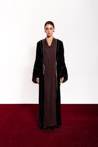Diriyah Black Velvet & Burgundy Washed Silk Abaya - Image 1