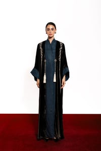 Brown Velvet Abaya Mix Turquoise Washed Silk - Image 1