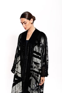 Grey Lame Velvet Abaya With Crochet  - Image 3