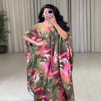 فستان نسائي طويل بأكمام الخفافيش مطبوع بتصميم عباية إسلامي أنيق - صورة 1