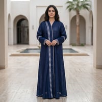 عباية كحلي لنن هندي بتطريز أنيق - صورة 1
