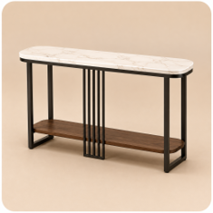 White marble console with golden legs in a modern entryway decor